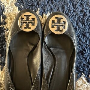 Tory Burch Black Flats with Gold Emblem